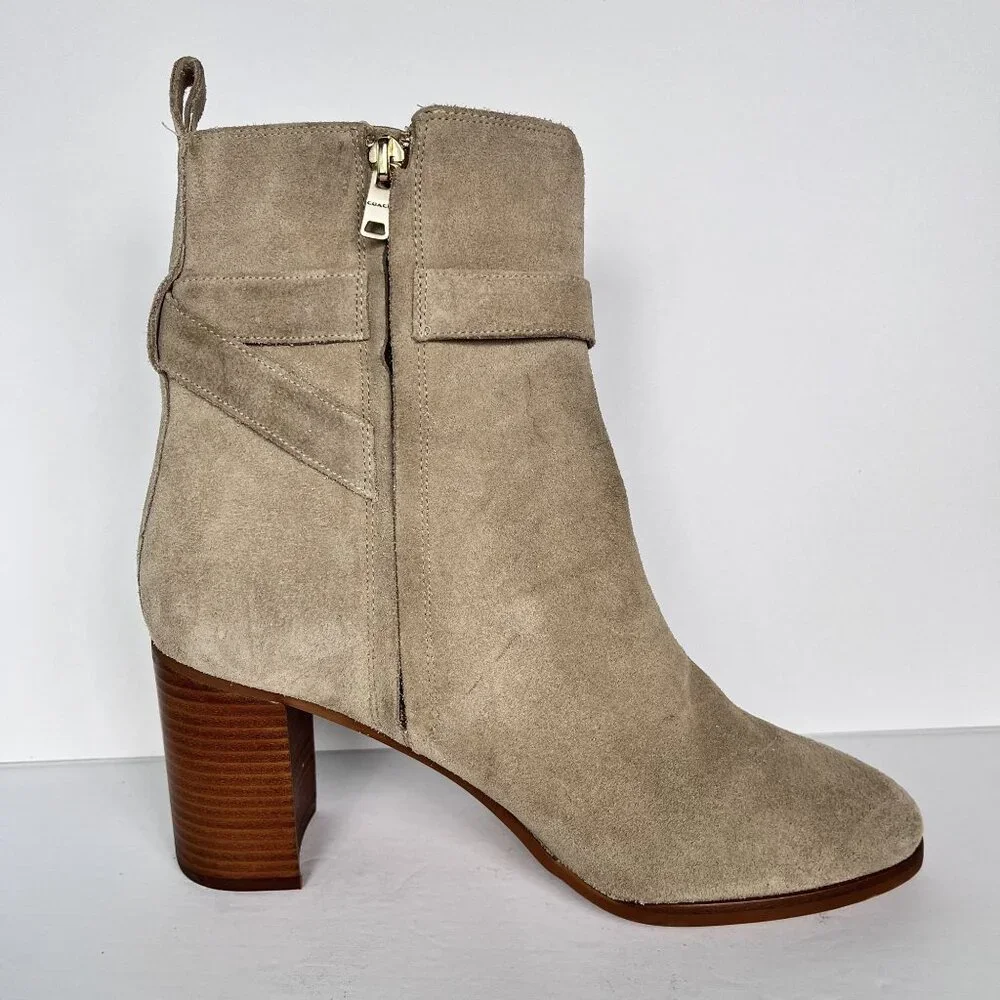 NEW Coach Olivia bootie Suede Block Stacked Heel Tan Zip Ankle Charm 10 - Picture 8 of 12